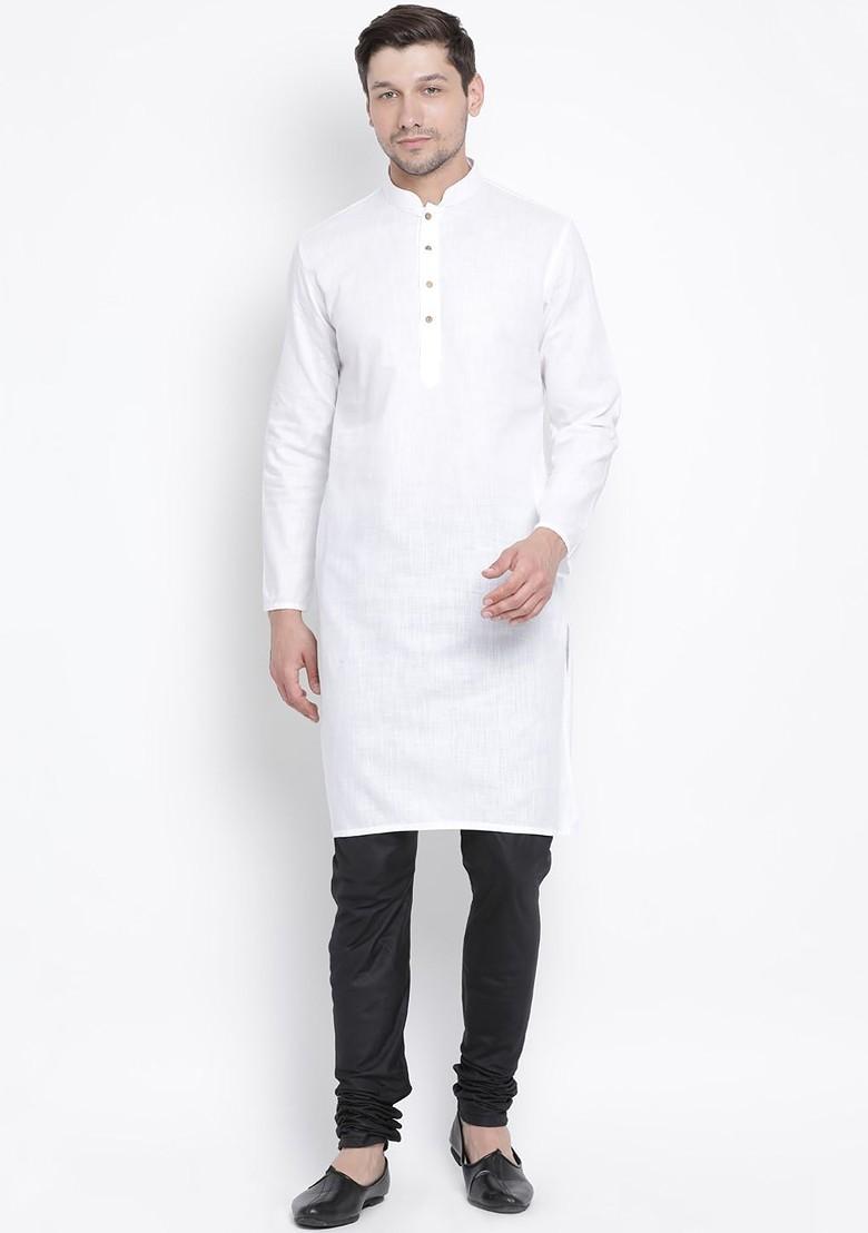 White Solid Cotton Kurta For Men