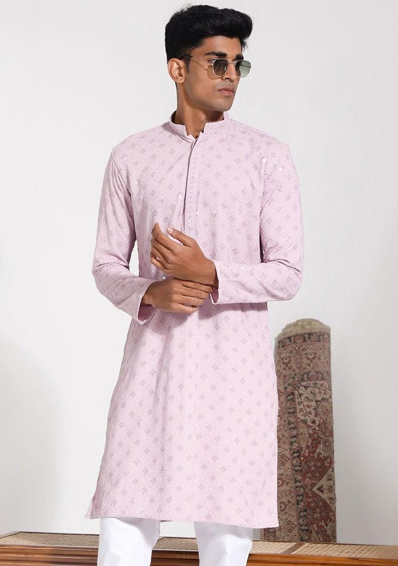 Pink Ethnic Motifs Poly Blend Kurta For Men