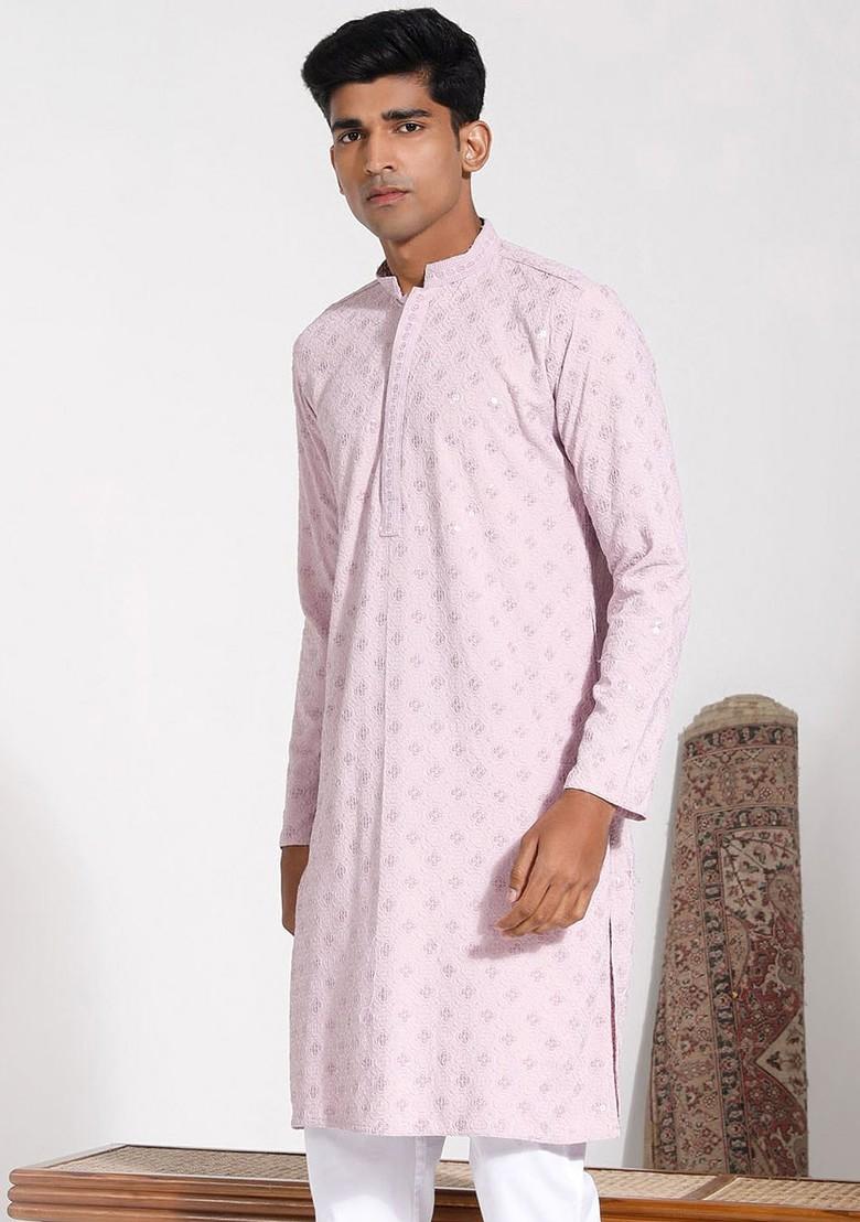 Pink Ethnic Motifs Poly Blend Kurta For Men
