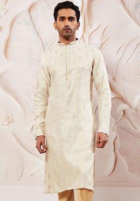 Cream Embroidered Jacquard Kurta For Men