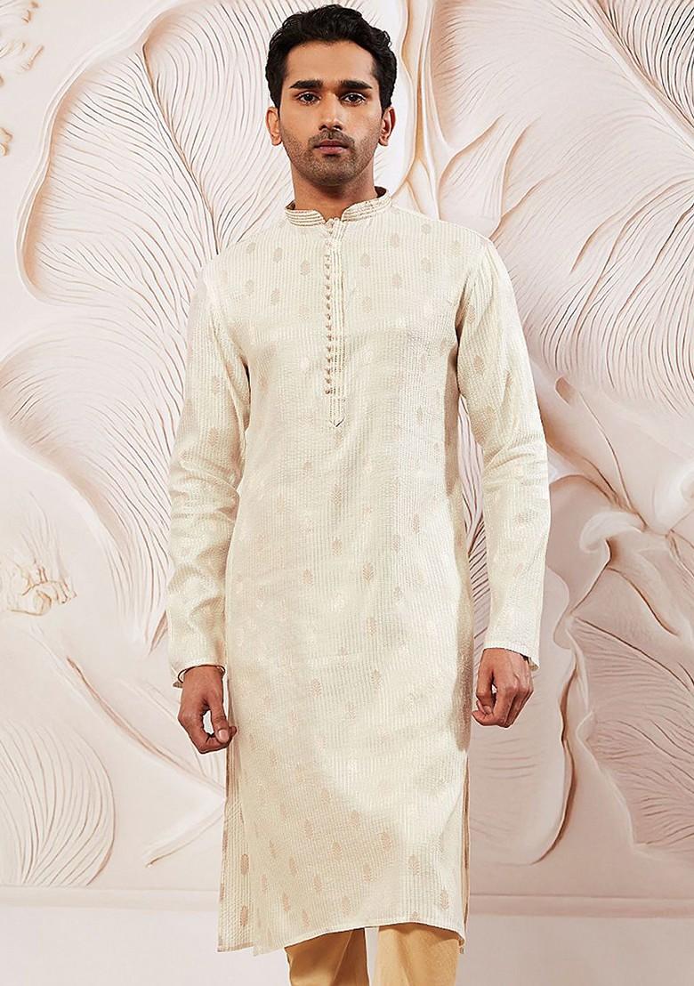 Cream Embroidered Jacquard Kurta For Men