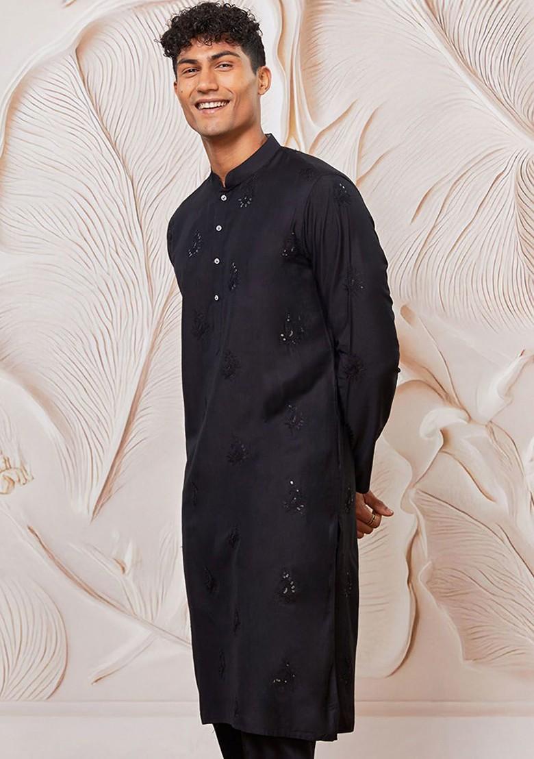 Black Embroidered Poly Blend Kurta For Men