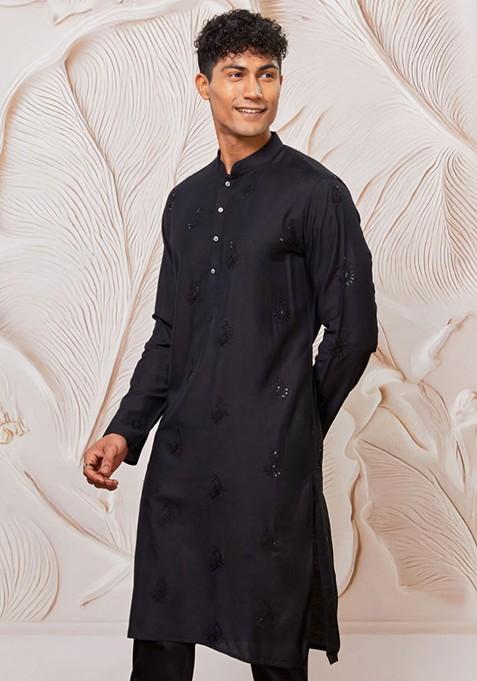 Black Embroidered Poly Blend Kurta For Men — view on Indya