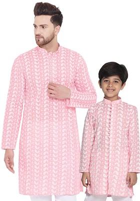 Pink Embroidered Cotton Kurta For Men