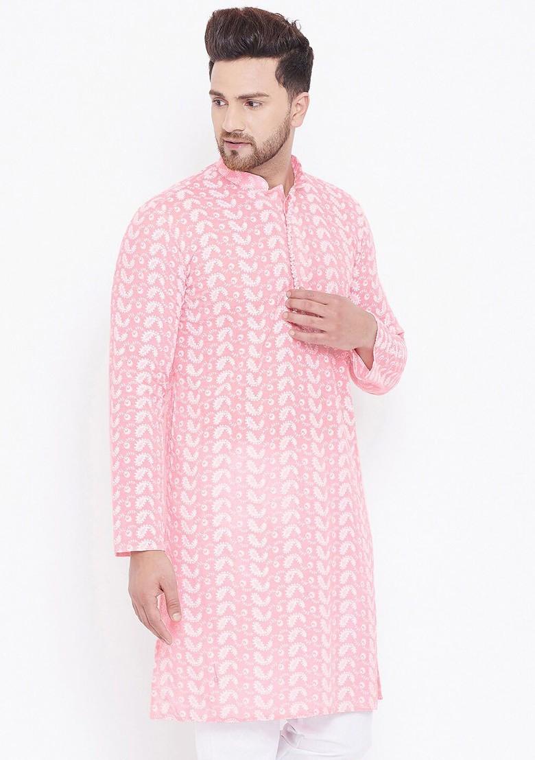 Pink Embroidered Cotton Kurta For Men