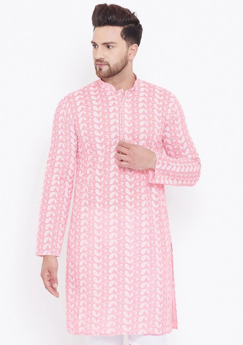 Pink Embroidered Cotton Kurta For Men