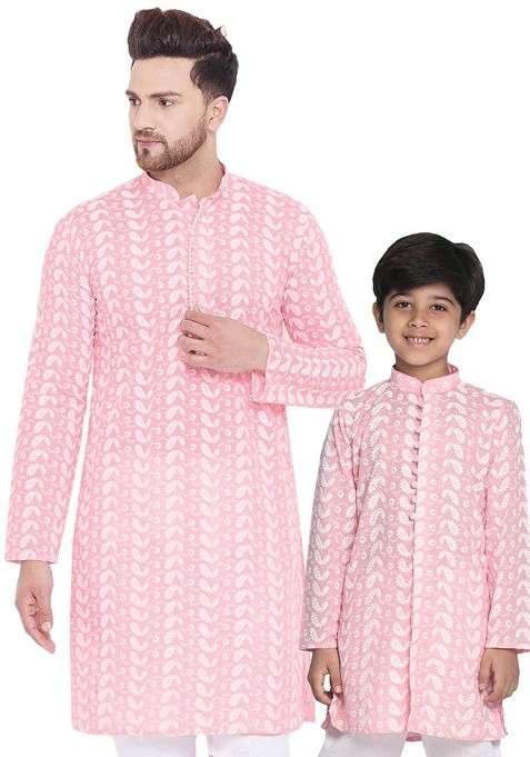 Pink Embroidered Cotton Kurta For Men