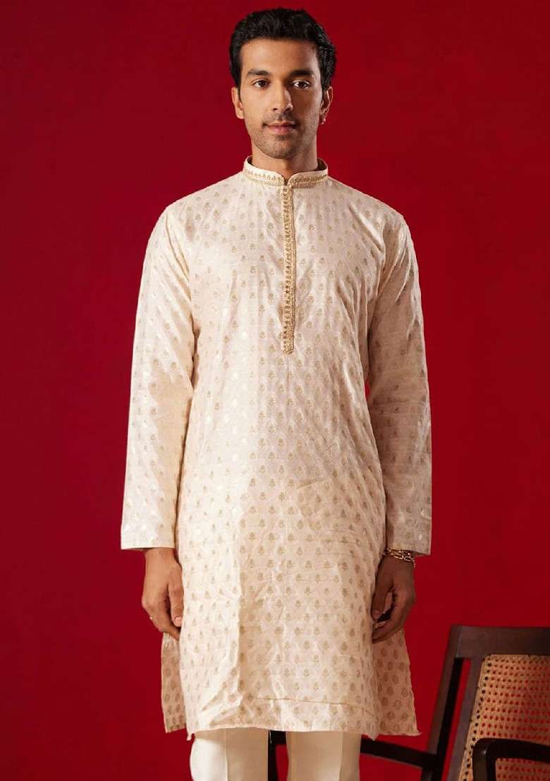 Peach Ethnic Motifs Jacquard Kurta For Men - Indya