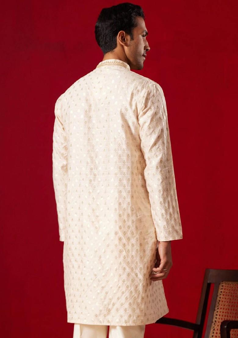 Peach Ethnic Motifs Jacquard Kurta For Men