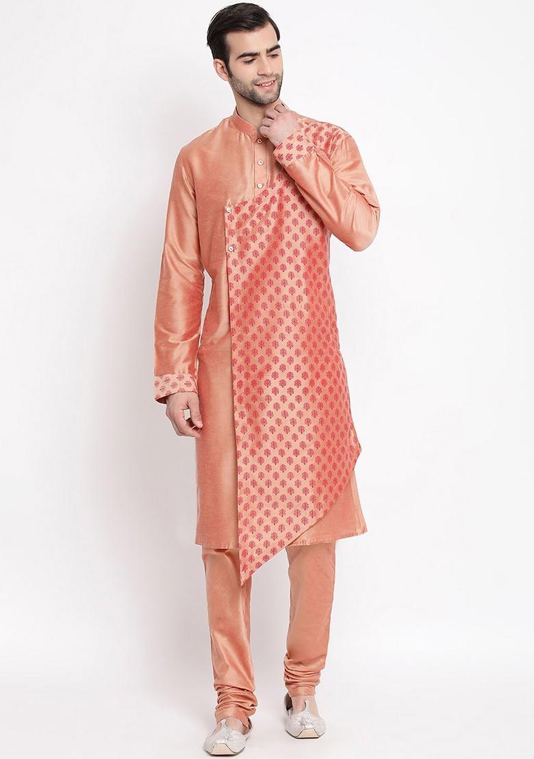 Pink Woven Poly Blend Kurta For Men
