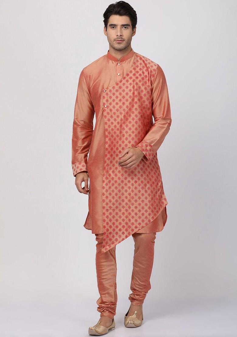 Pink Woven Poly Blend Kurta For Men