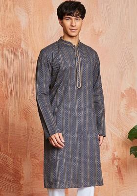 Grey Geometric Print Jacquard Kurta For Men
