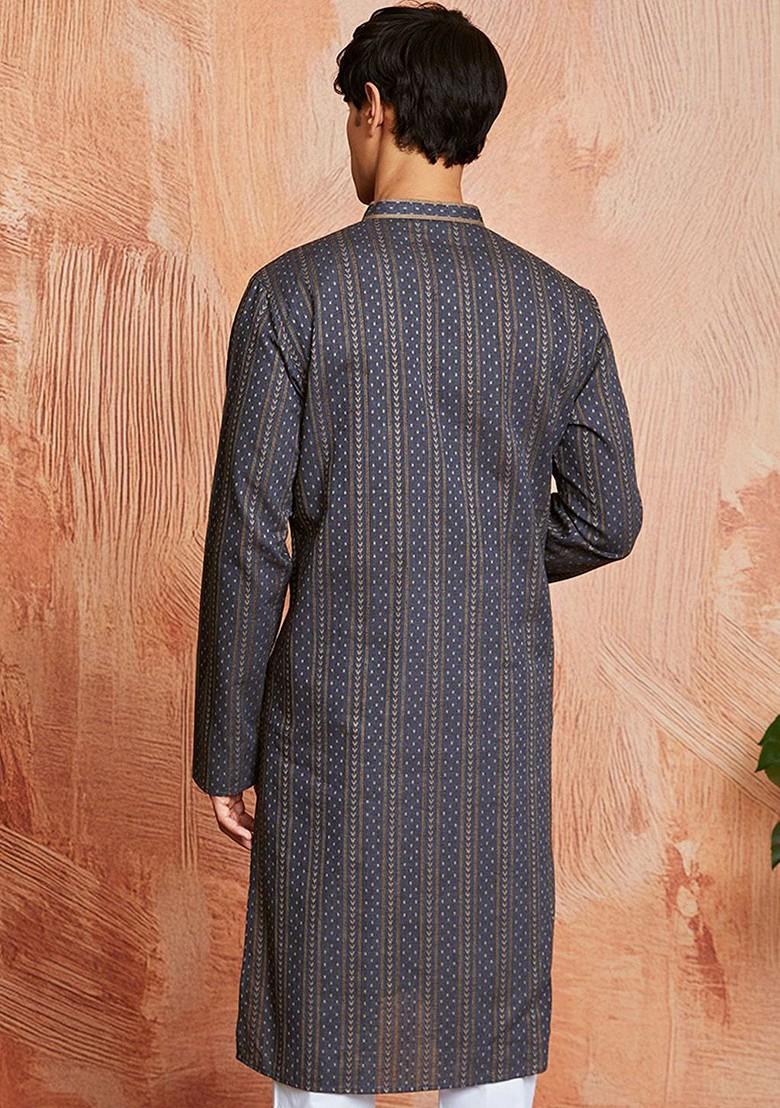 Grey Geometric Print Jacquard Kurta For Men