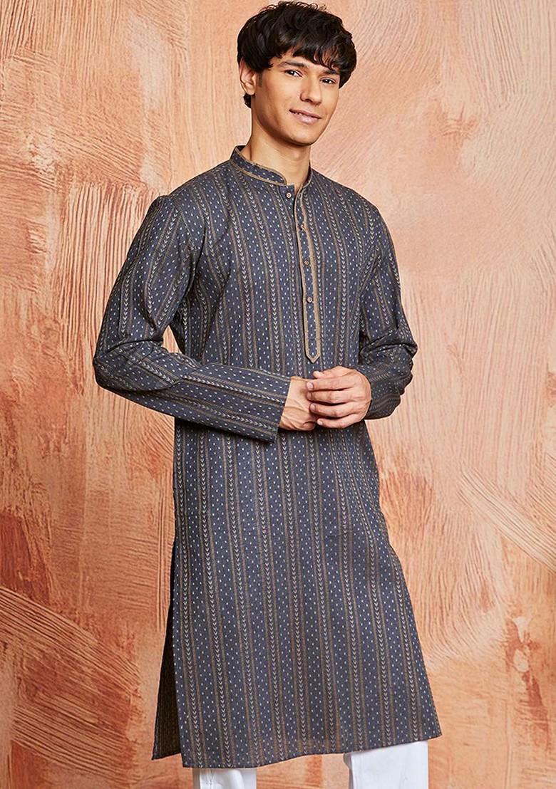 Grey Geometric Print Jacquard Kurta For Men