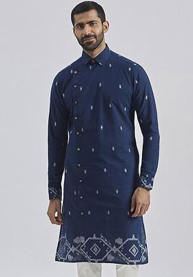 Navy Blue Geometric Print Jacquard Kurta For Men