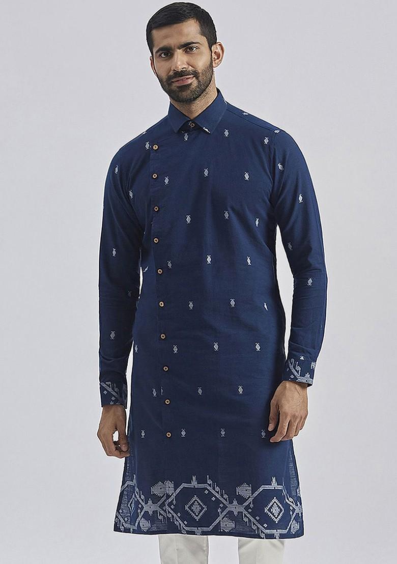 Navy Blue Geometric Print Jacquard Kurta For Men