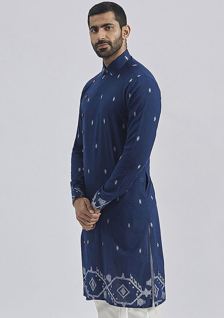 Navy Blue Geometric Print Jacquard Kurta For Men