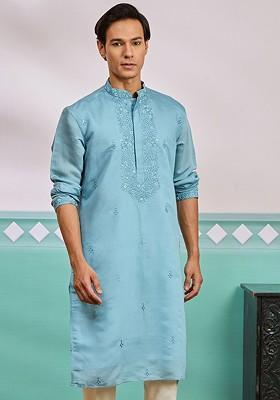 Blue Embroidered Poly Blend Kurta For Men