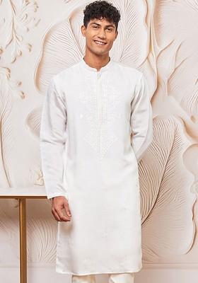 White Floral Print Silk Kurta For Men