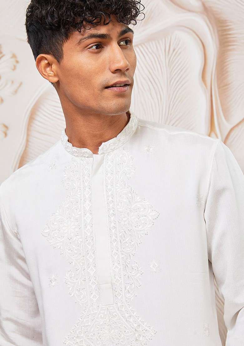 White Floral Print Silk Blend Kurta For Men - Indya