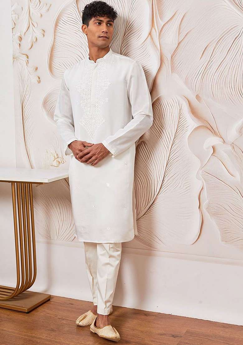 White Floral Print Silk Blend Kurta For Men - Indya