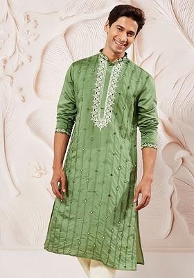 Green Floral Print Silk Kurta For Men
