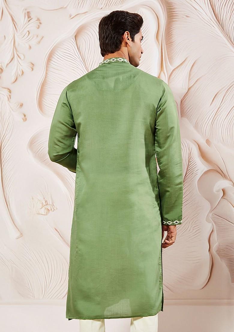 Green Floral Print Silk Kurta For Men