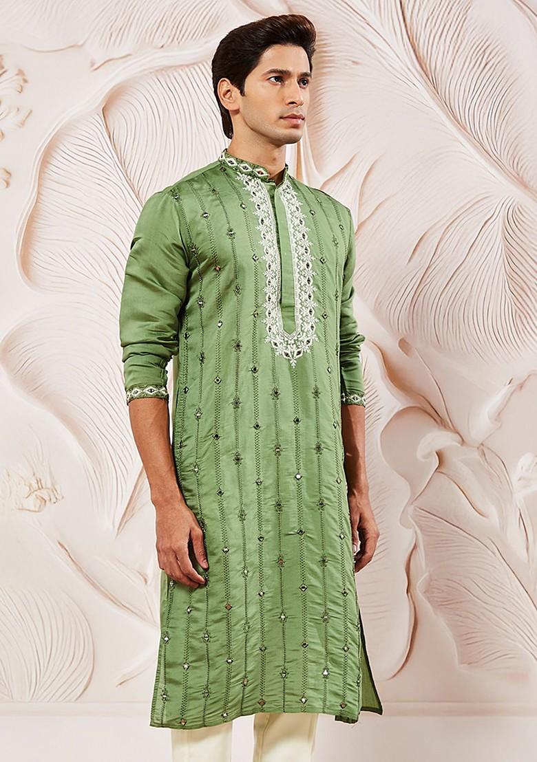 Green Floral Print Silk Kurta For Men