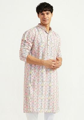 Pink Floral Print Poly Blend Kurta For Men