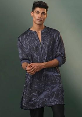 Grey Abstract Print Cotton Kurta For Men