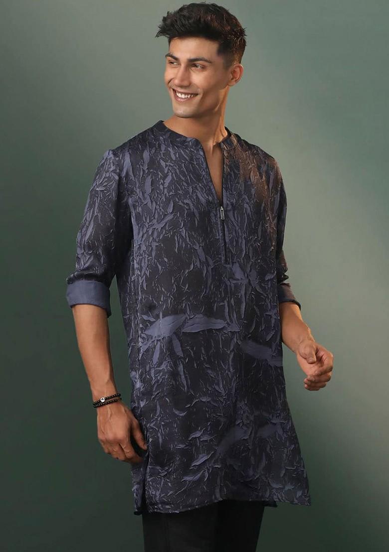 Grey Abstract Print Cotton Kurta For Men