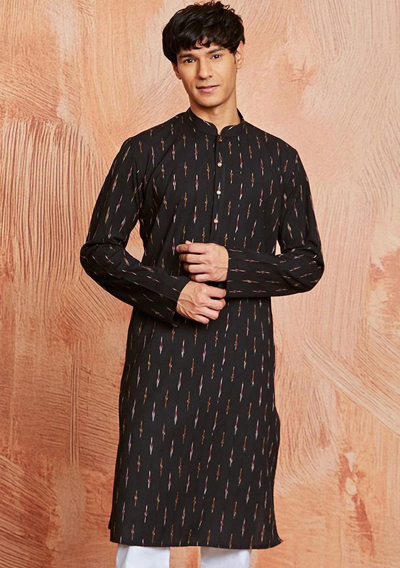 Black Abstract Print Cotton Kurta For Men