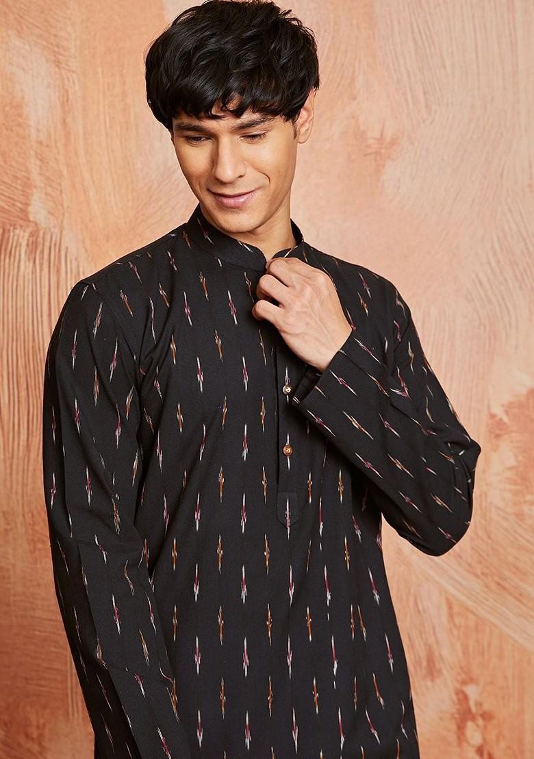 Black Abstract Print Cotton Kurta For Men