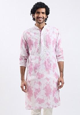 Pink Tie And Dye Cotton Kurta For Men