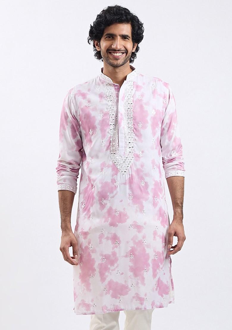 Pink Tie And Dye Cotton Kurta For Men