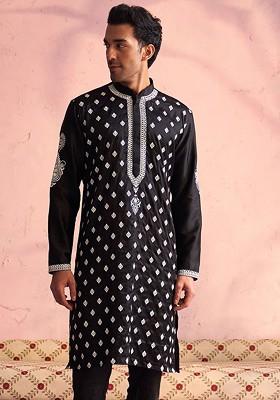 Black Solid Poly Blend Kurta For Men