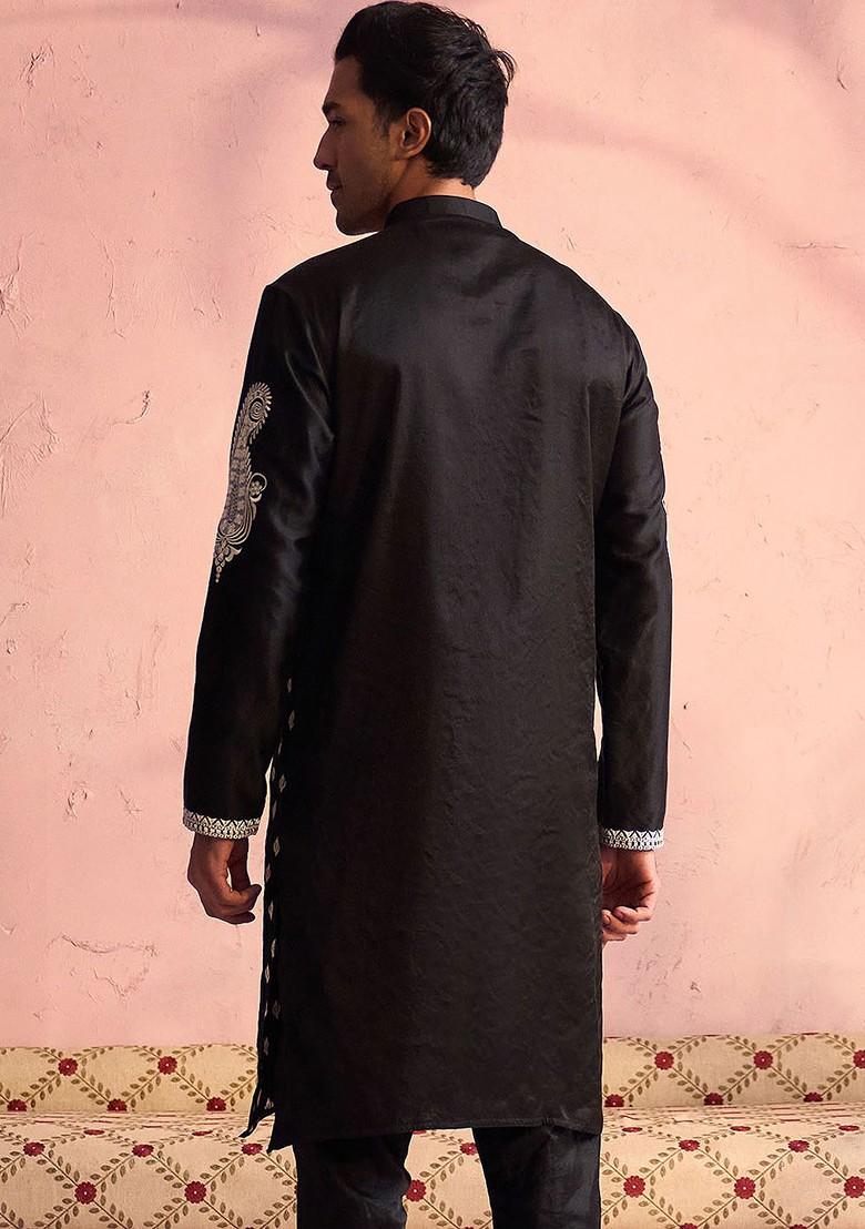 Black Solid Poly Blend Kurta For Men