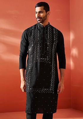 Black Embroidered Poly Blend Kurta For Men