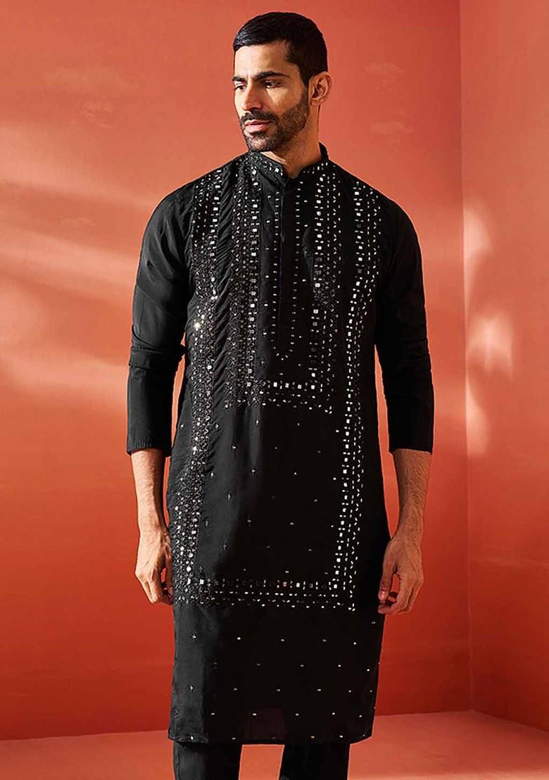 Black Embroidered Poly Blend Kurta For Men