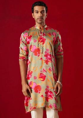 Olive Floral Print Poly Blend Kurta For Men
