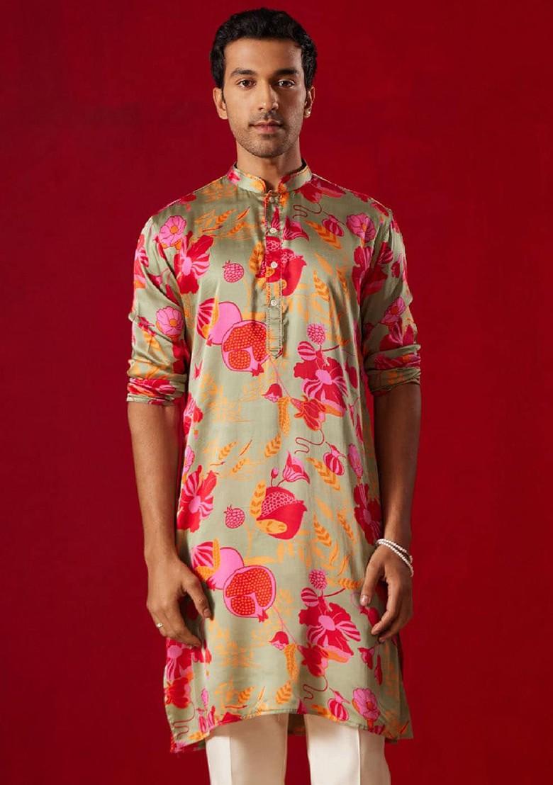 Olive Floral Print Poly Blend Kurta For Men