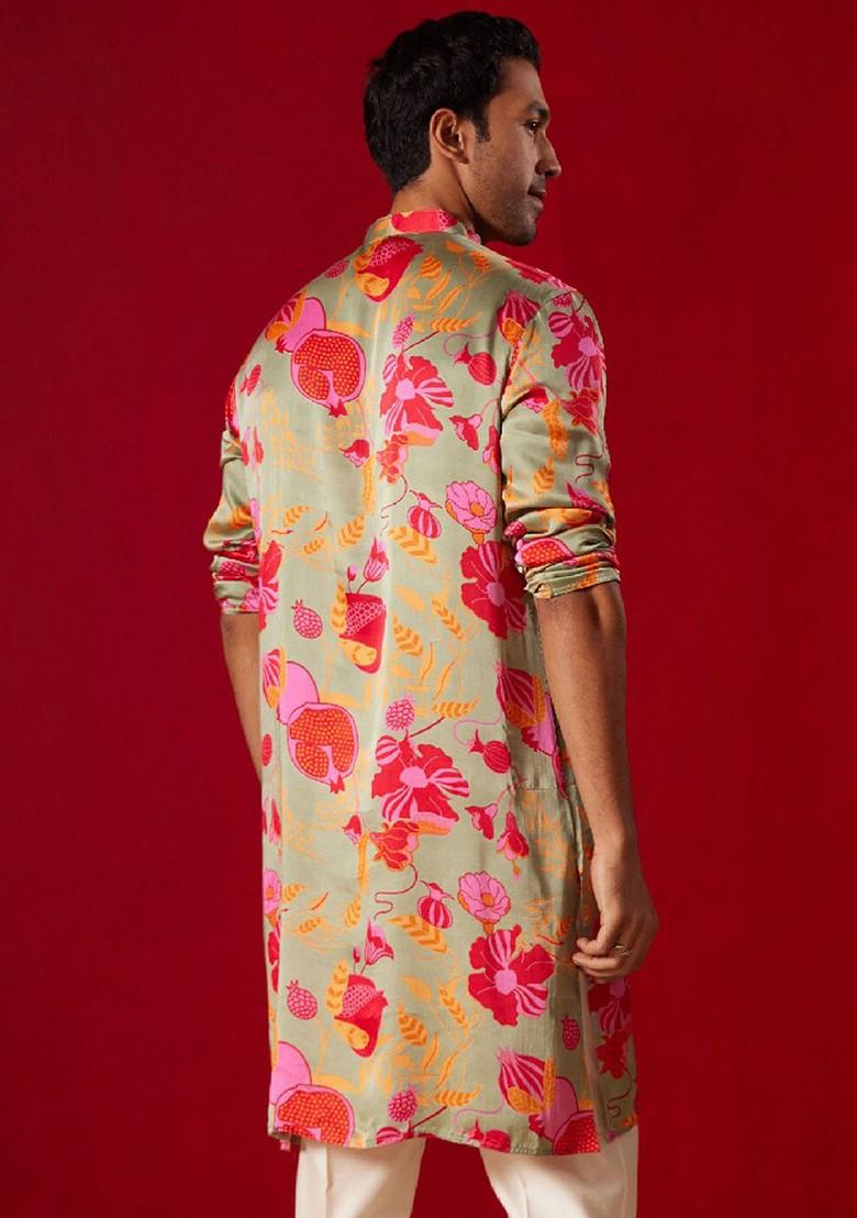 Olive Floral Print Poly Blend Kurta For Men