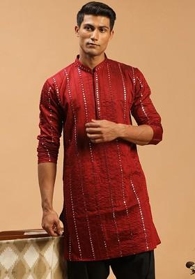 Maroon Striped Poly Blend Kurta For Men