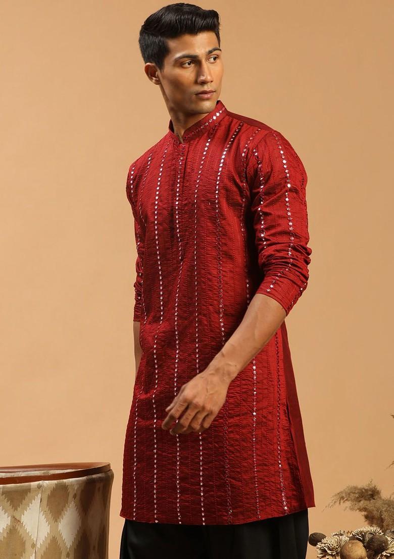 Maroon Striped Poly Blend Kurta For Men