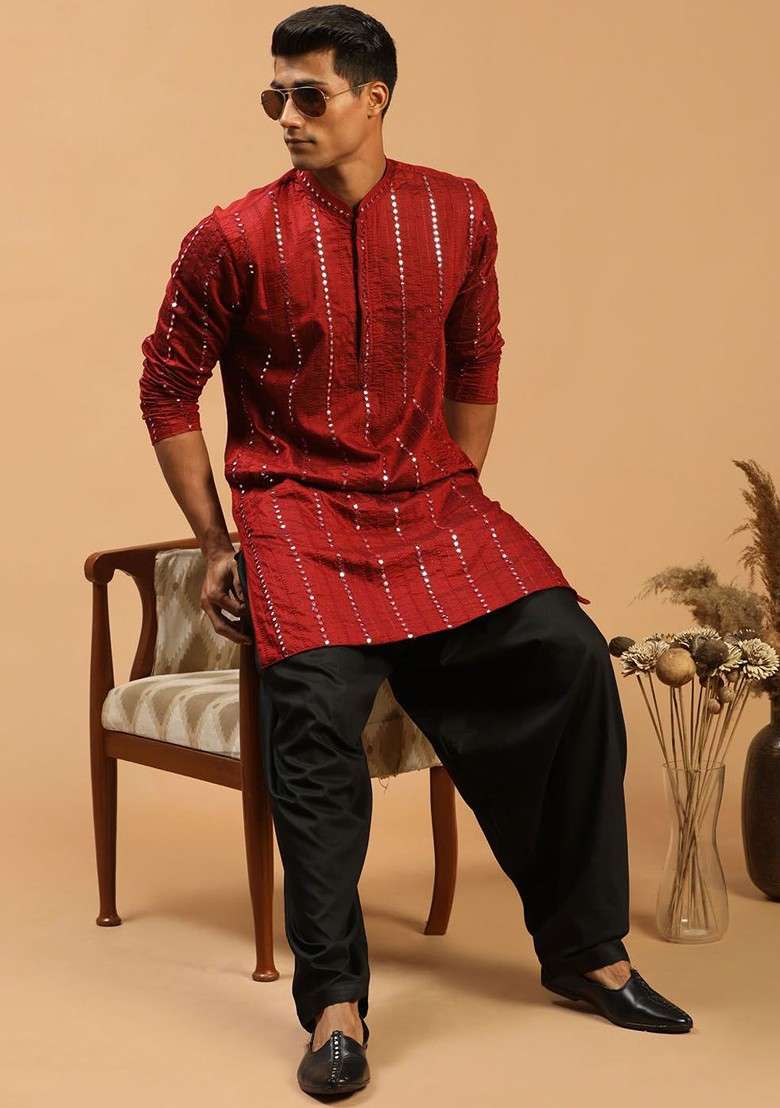 Maroon Striped Poly Blend Kurta For Men - Indya