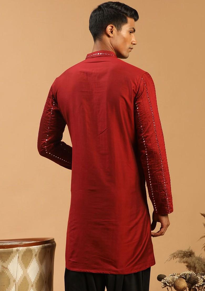 Maroon Striped Poly Blend Kurta For Men