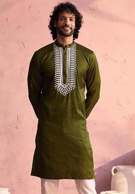 Olive Solid Poly Blend Kurta For Men