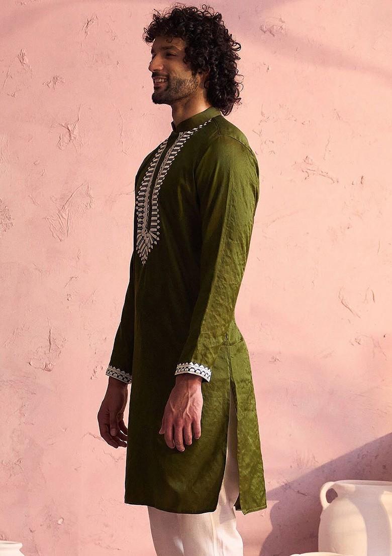 Olive Solid Poly Blend Kurta For Men