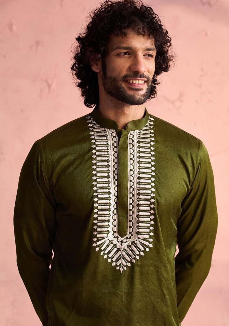 Olive Solid Poly Blend Kurta For Men