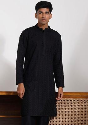 Black Embroidered Poly Blend Kurta For Men